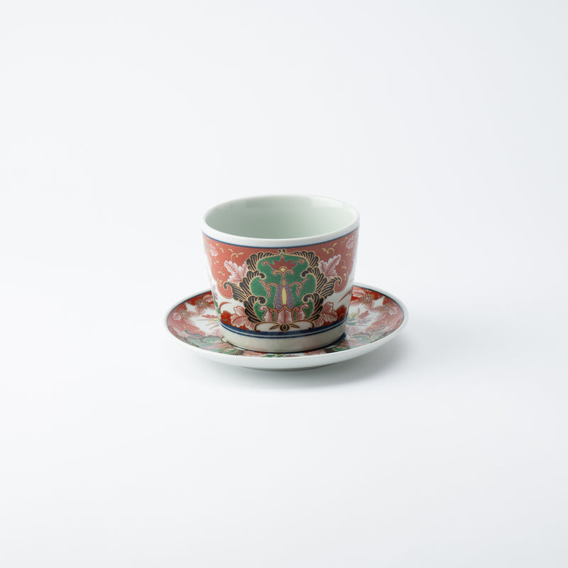 Rinkuro Kiln Old Red Flowers in Window Hasami Soba Choko Cup and Saucer