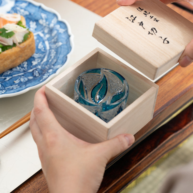 Kiyohide Glass Blue Flame Edo Kiriko Cut Glass Guinomi Sake Cup