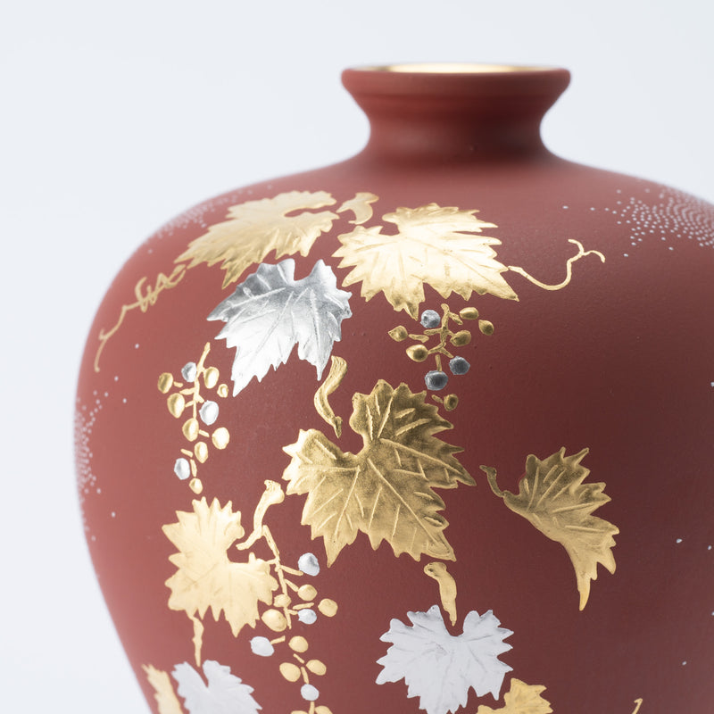 Nakada Kingyoku Red Morikin Shirochibu Grape Pattern Vase