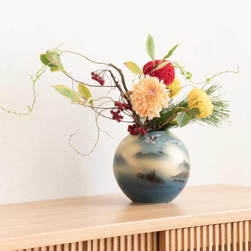 Two Cranes and Landscape Kutani Japanese Flower Vase