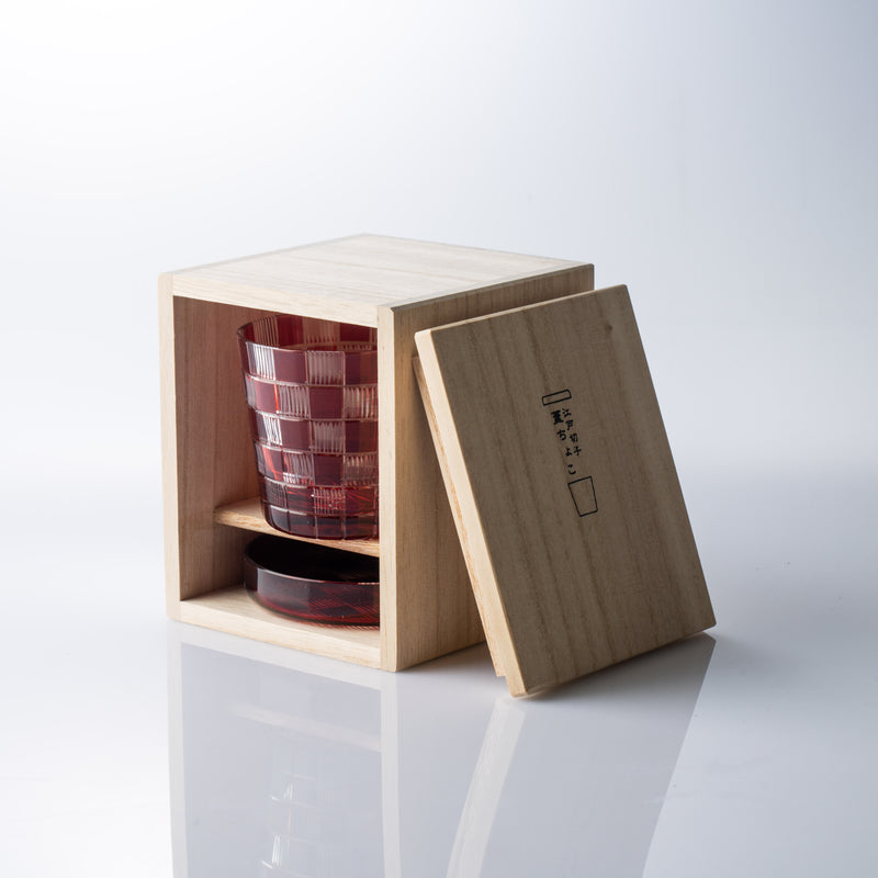 Hirota Checkered Pattern Edo Kiriko Glass Soba Choko Cup with Lid