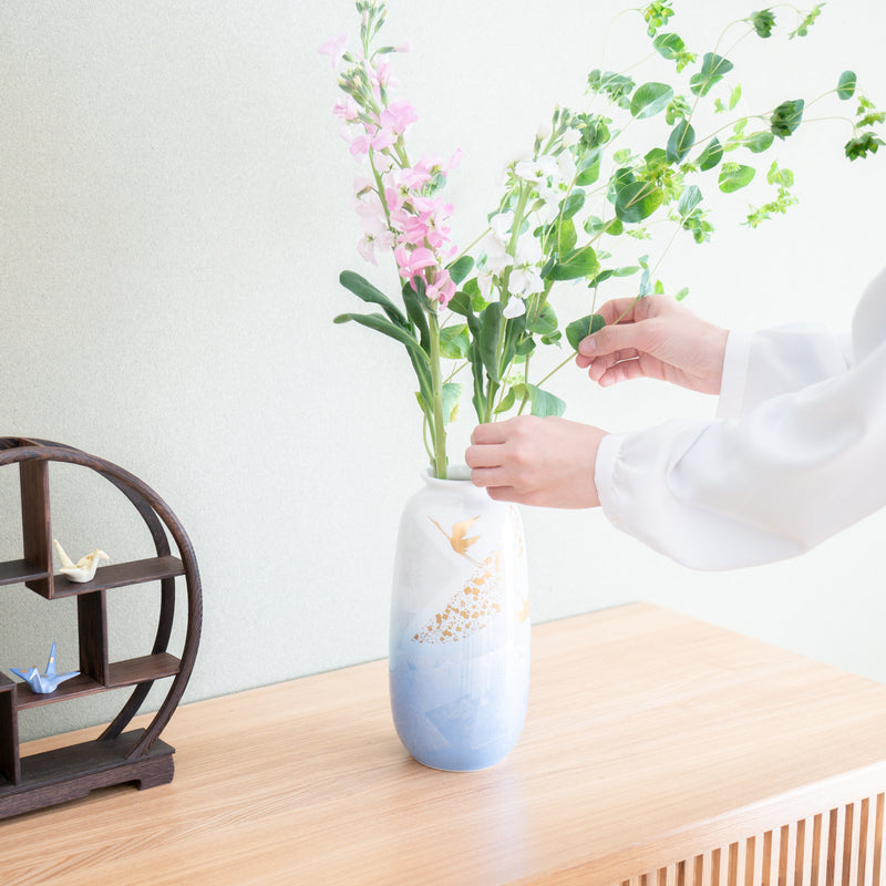 Ginsai Crane Kutani Japanese Flower Vase