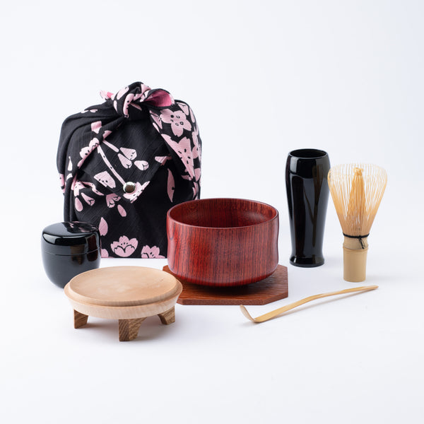 Nishimoto Ippuku Yamanaka Lacquerware Matcha Tea Set with Sakura Furoshiki