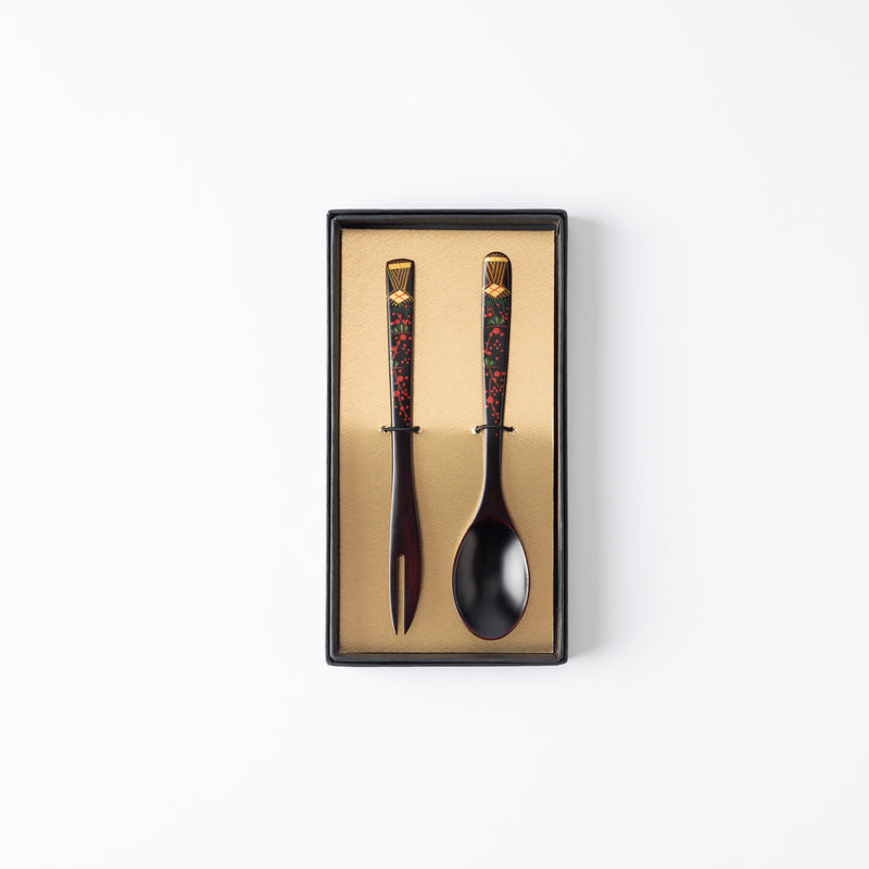 Fukunishi Sobe Pine, Bamboo and Plum Aizu Lacquerware Dessert Spoon and Fork Set