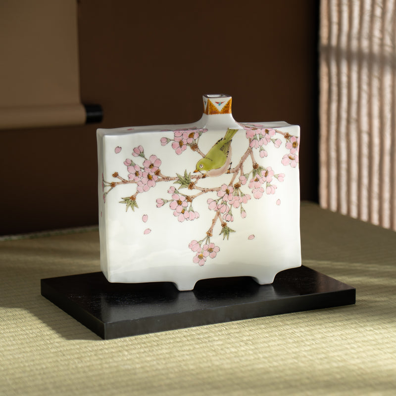 Yamada Yoshiaki Cherry Blossom and Warbling White-eye Japanese Flower Vase