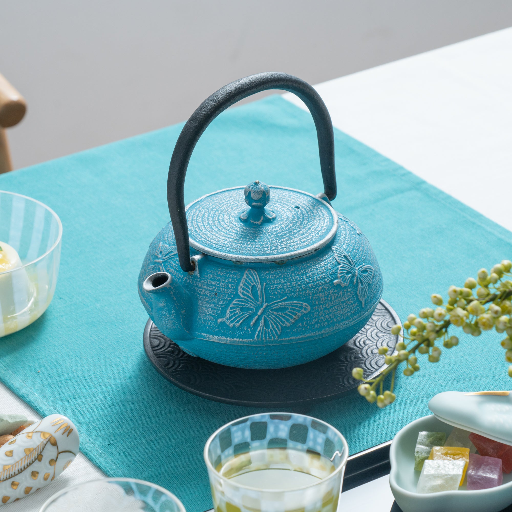 Roji Associates Sky Blue Butterfly Nambu Ironware Cast Iron Teapot