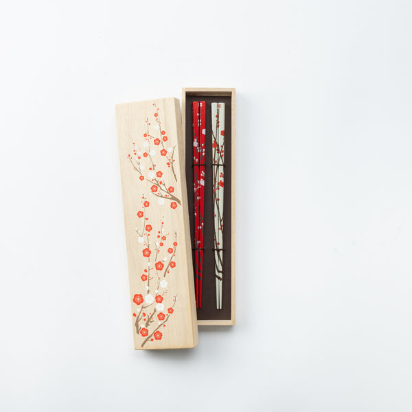 Matsukan Rimpa Red and White Plum Blossoms Wakasa Lacquerwarer Set of Two Pairs of Chopsticks 23 cm (9.1 in)