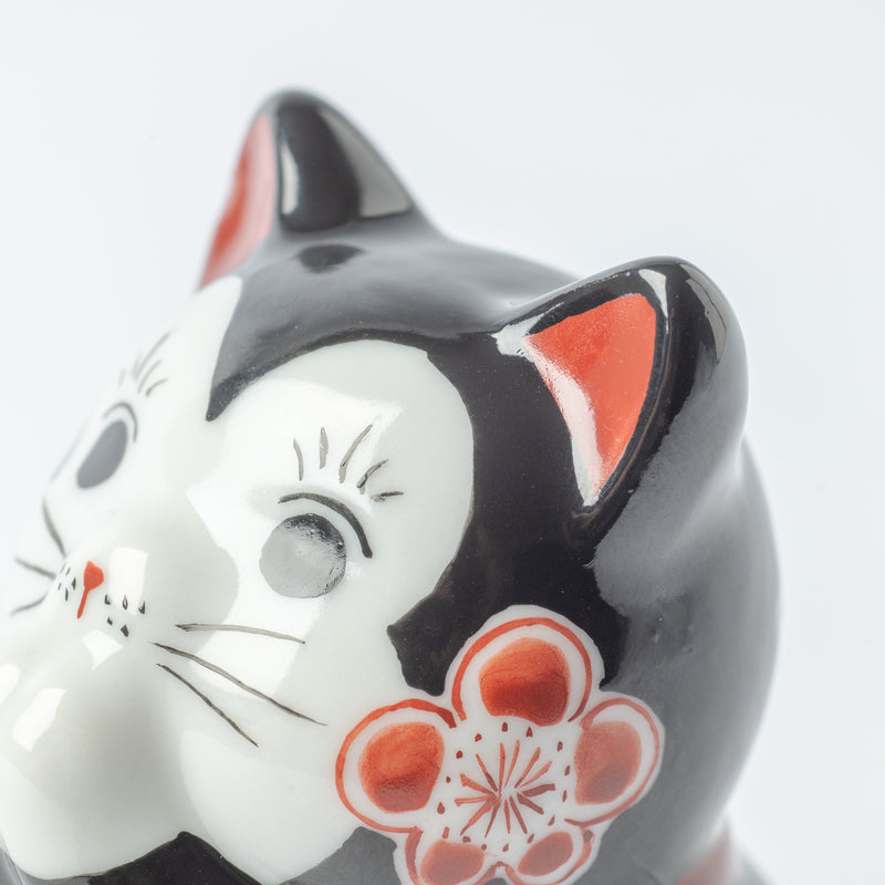 Choho Kiln Black Sakura Oinori Neko Kutani Lucky Cat 3.7in