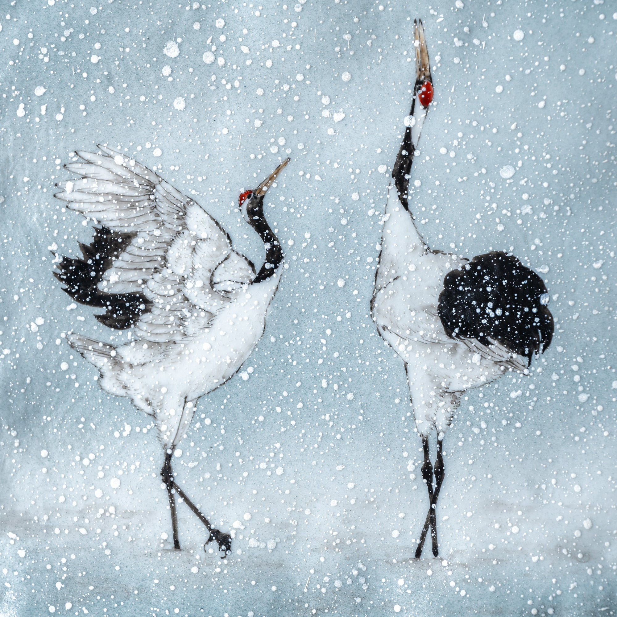 Cranes Dancing in Snow Japanese Flower Vase