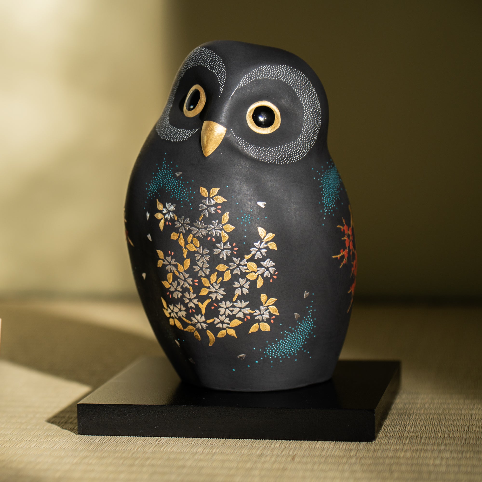 Morikin Aochibu Sakura and Plum Blossom Pattern Owl Figurine