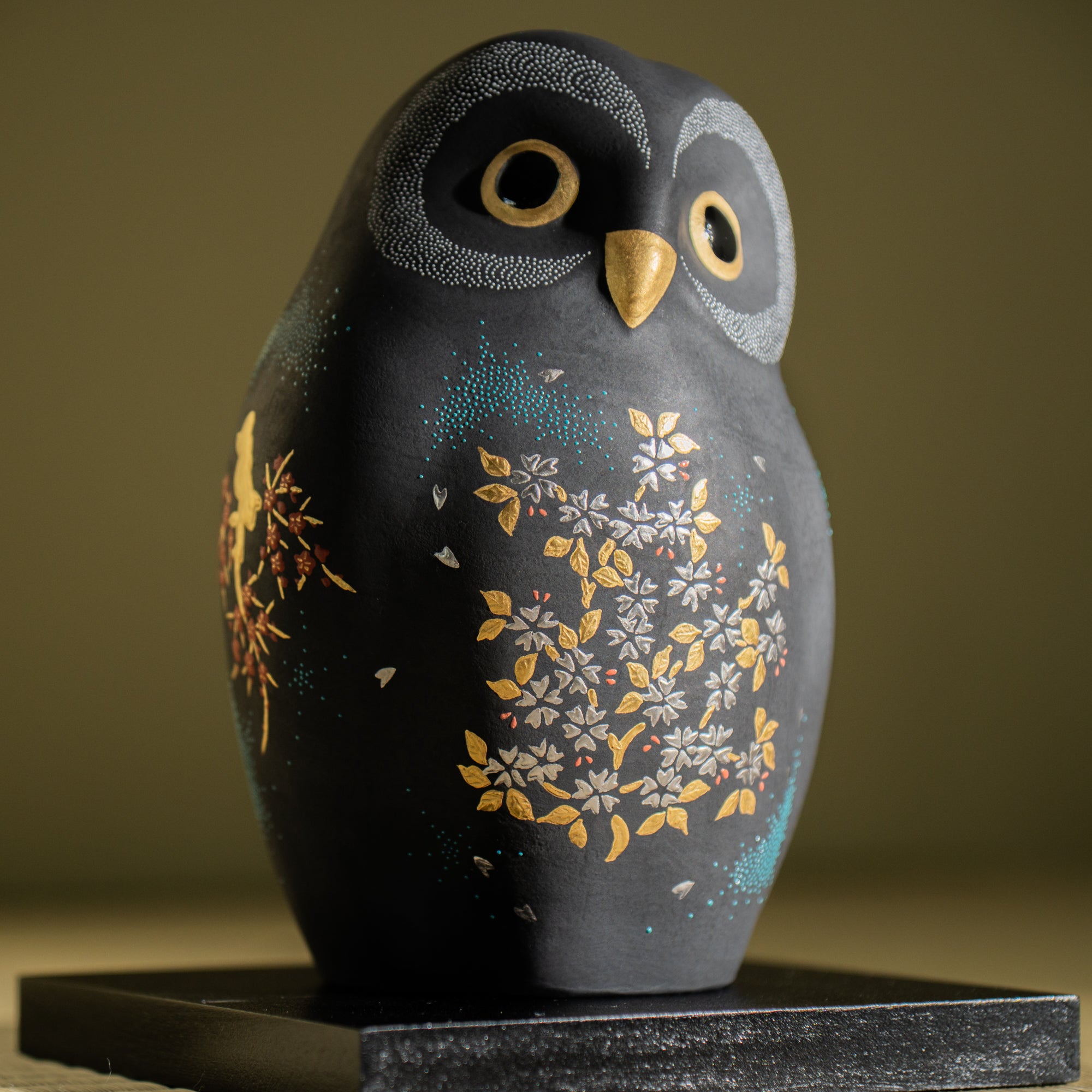 Morikin Aochibu Sakura and Plum Blossom Pattern Owl Figurine