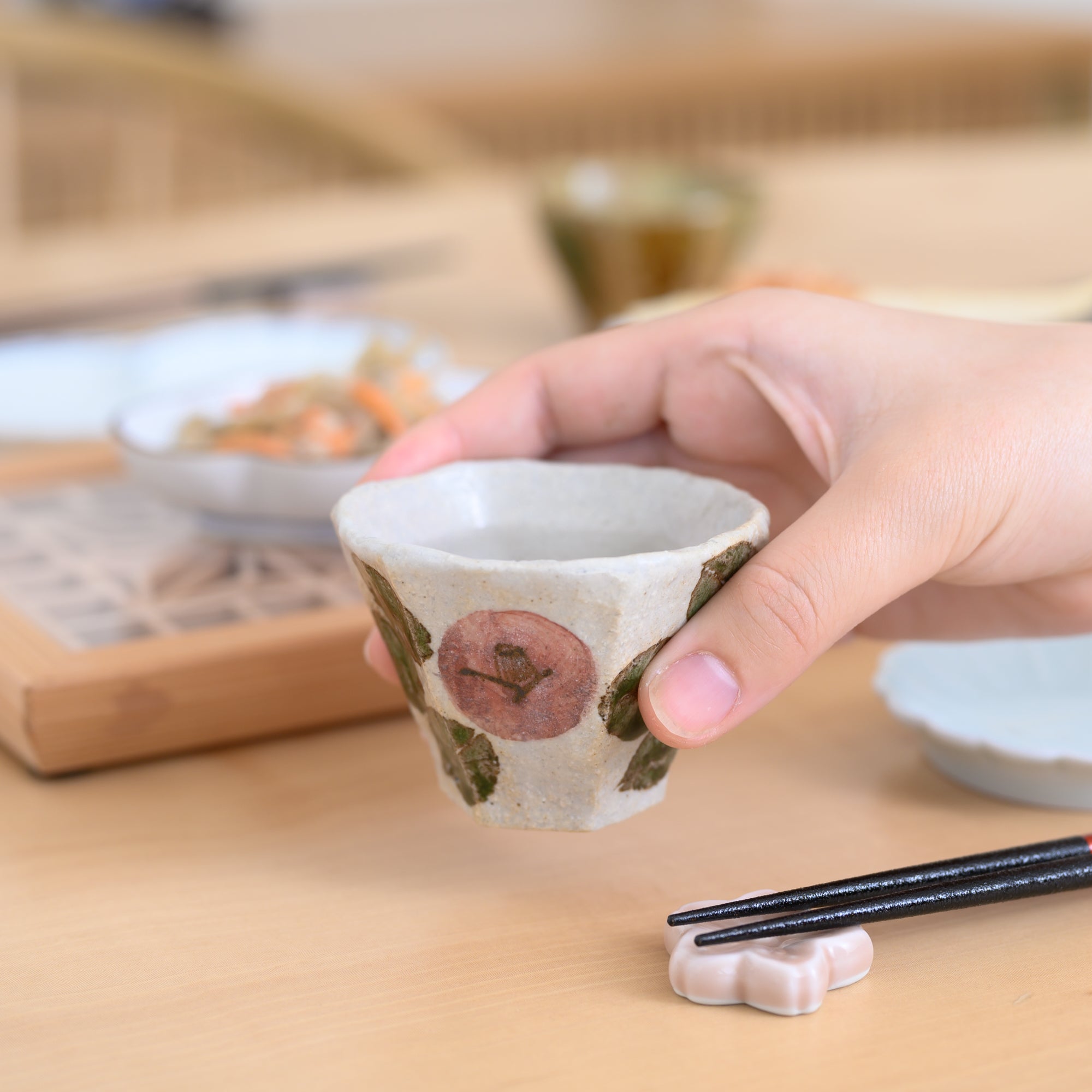 Musashi Kiln Camellia Mino Ware Hexagonal Guinomi Sake Cup