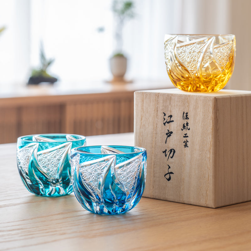 Kiyohide Glass Amber Flame Edo Kiriko Cut Glass Guinomi Sake Cup