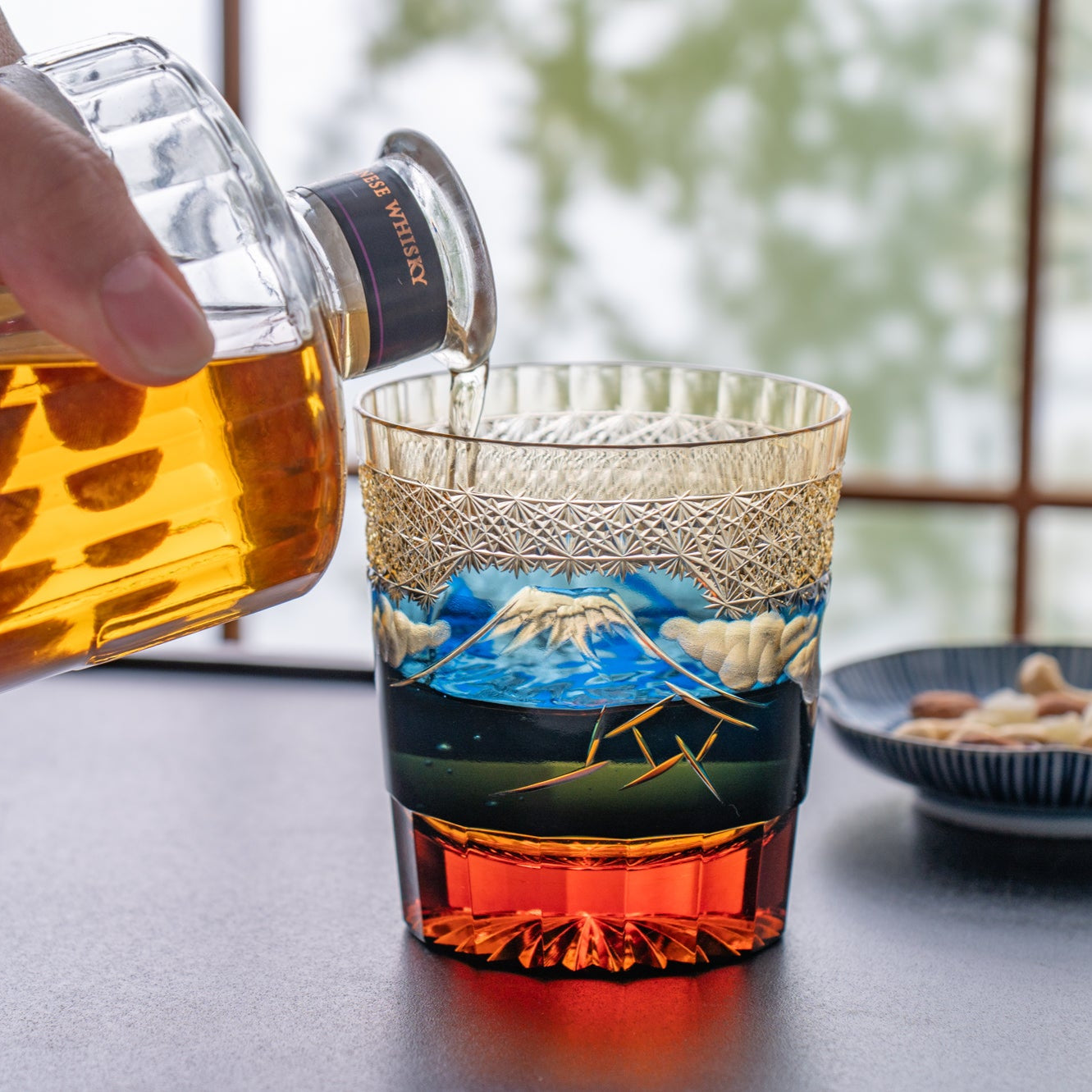 Hokusai Mt. Fuji Edo Kiriko Whiskey Glass