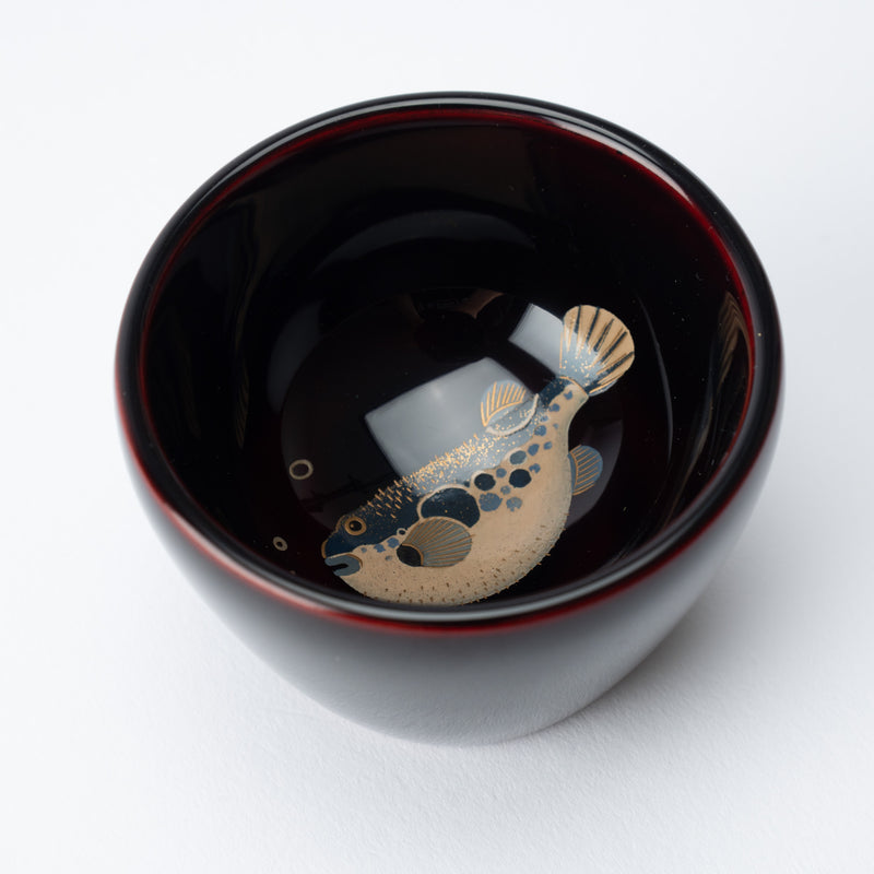 Taya Shikkiten Swimming Pufferfish Wajima Lacquerware Guinomi Sake Cup