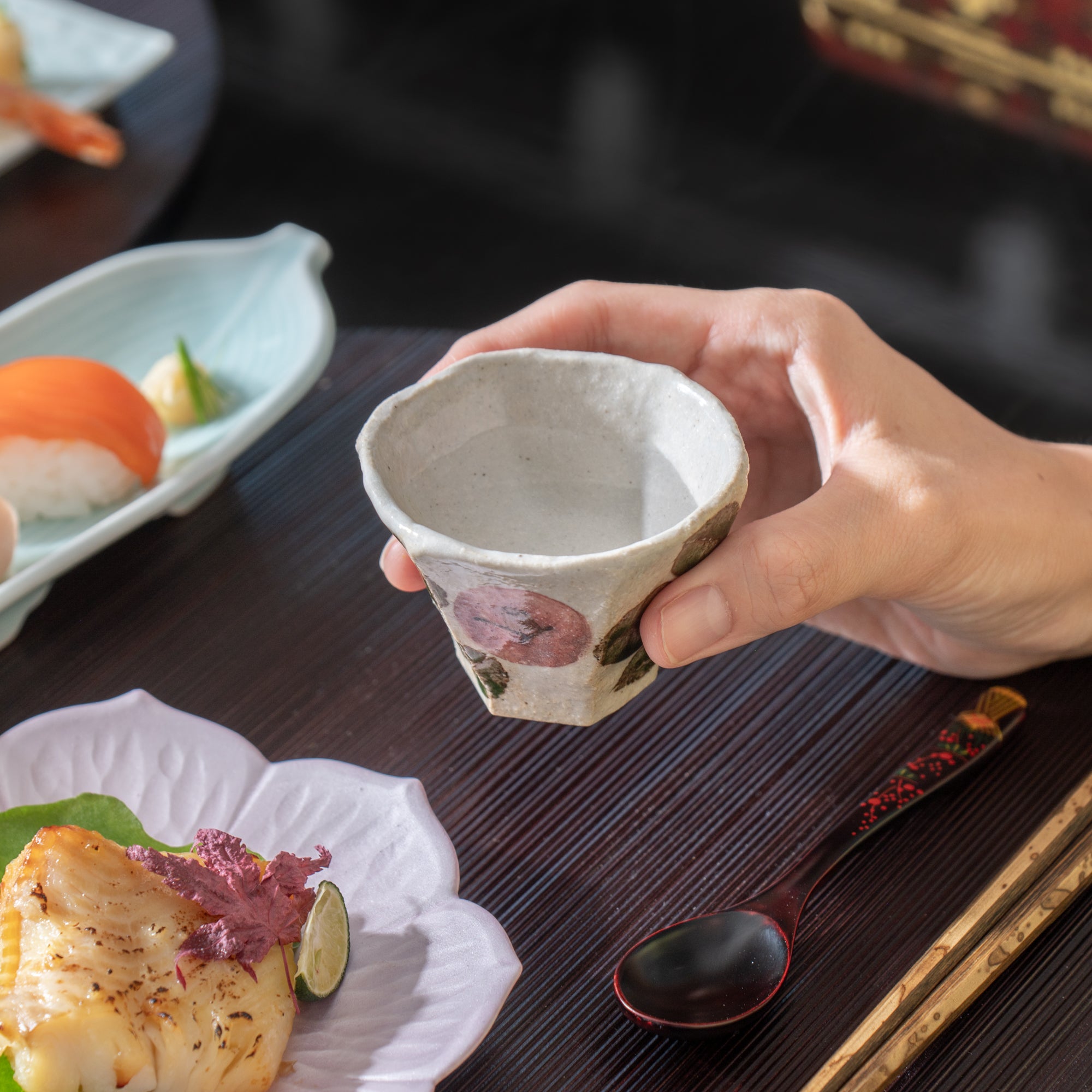 Musashi Kiln Camellia Mino Ware Hexagonal Guinomi Sake Cup