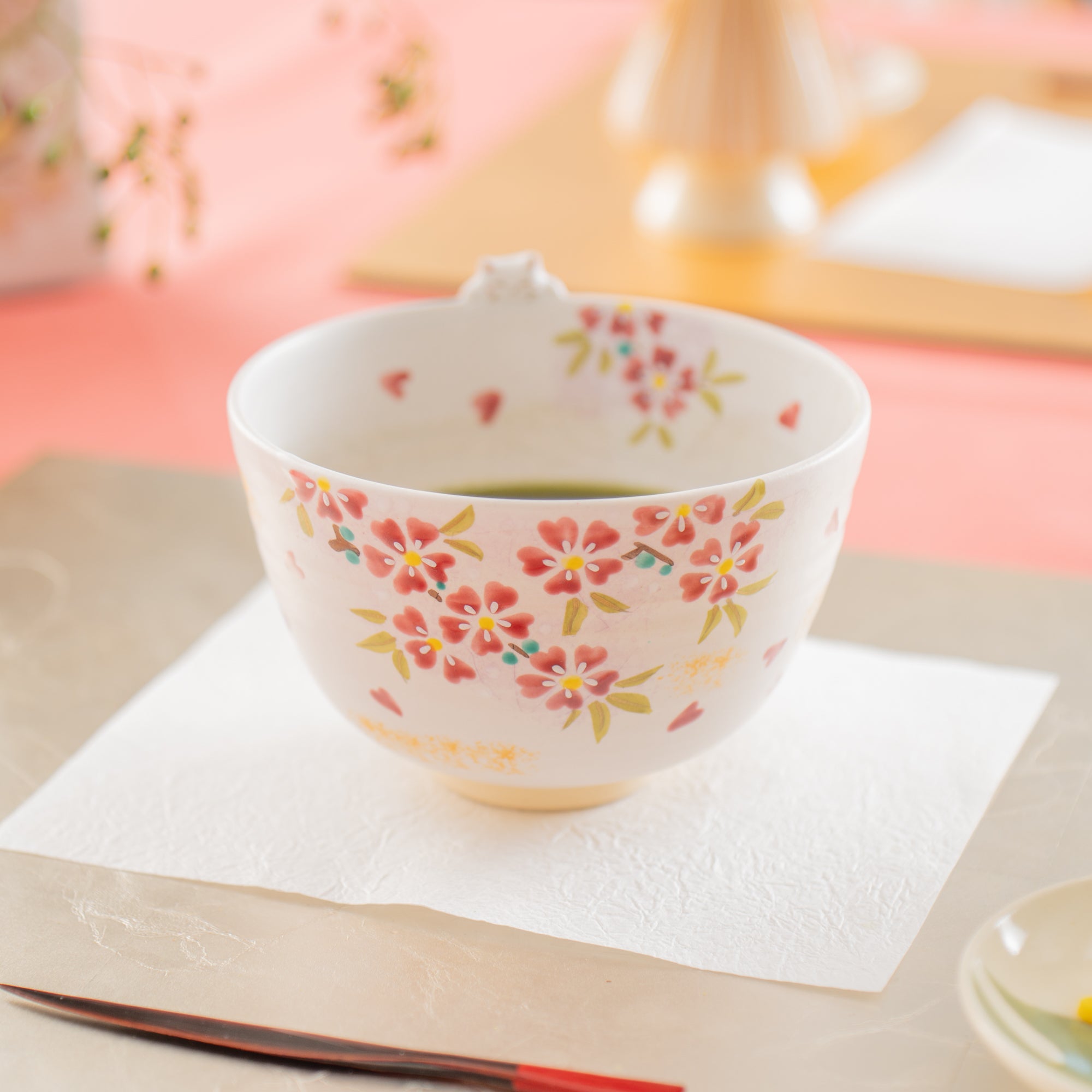 Sakura and Peeking Cat Matcha Bowl Chawan