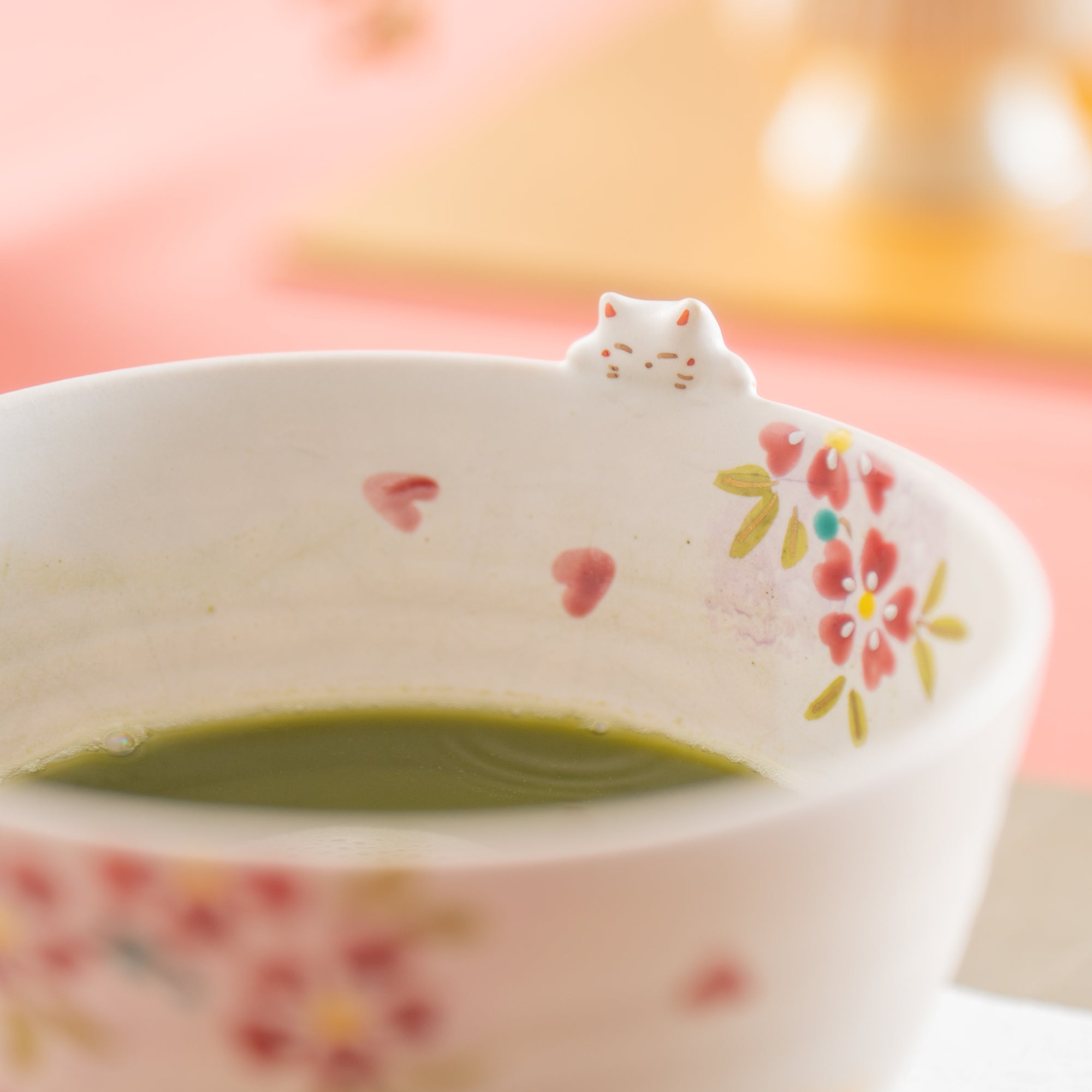 Sakura and Peeking Cat Matcha Bowl Chawan