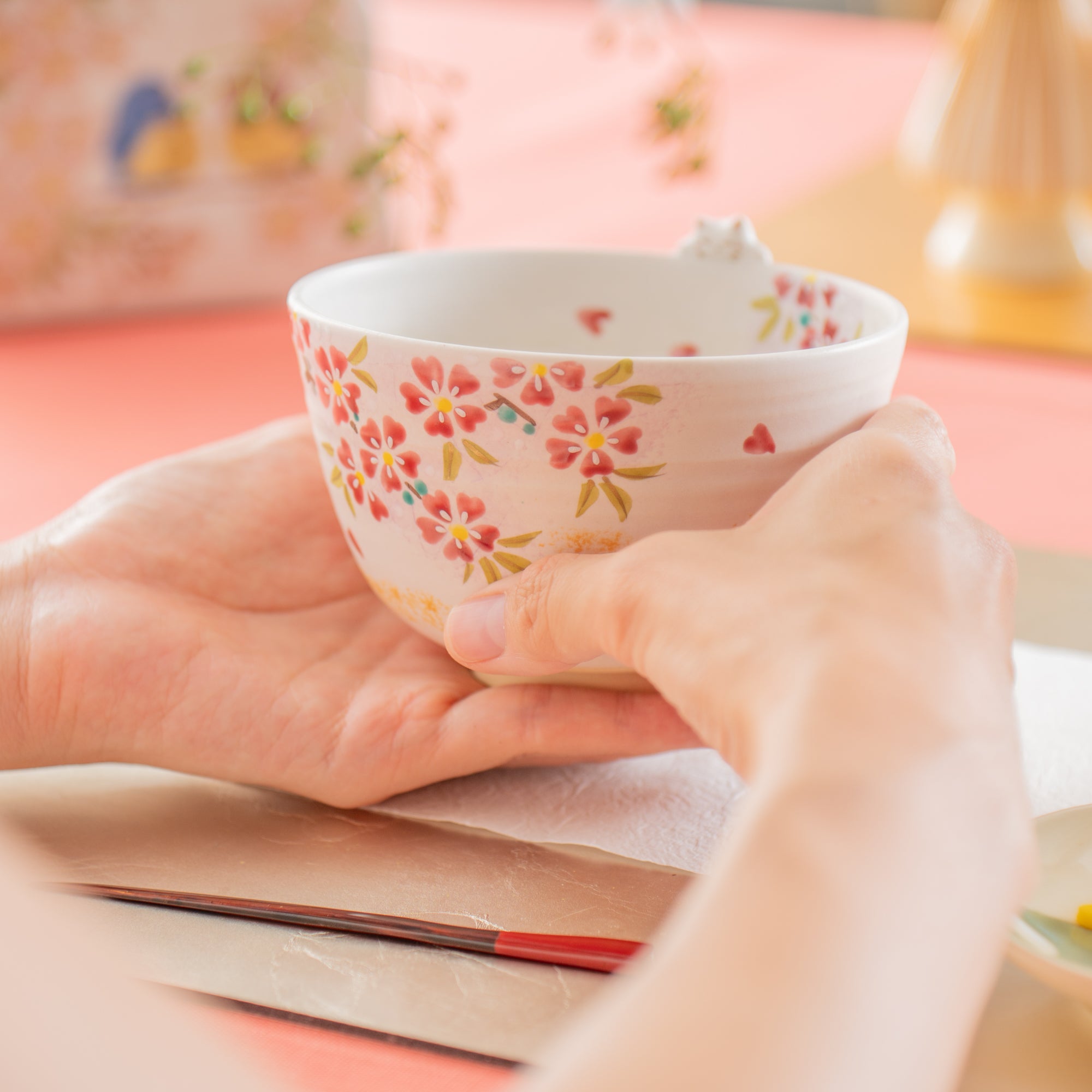 Sakura and Peeking Cat Matcha Bowl Chawan