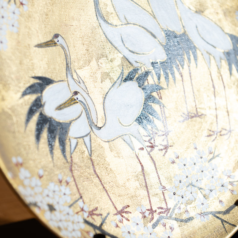 Kitamura Takashi Crane Kutani Nunome Gold Leaf Ornamental Plate 14 in