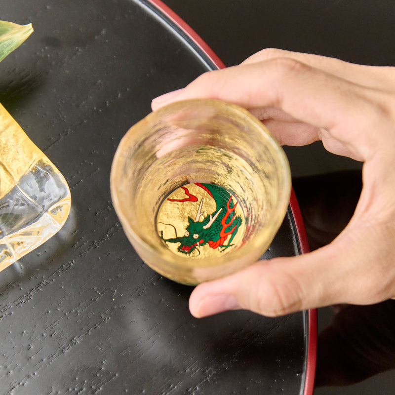 Yoshita Kasho Green Dragon Maki-e Glass Sake Cup