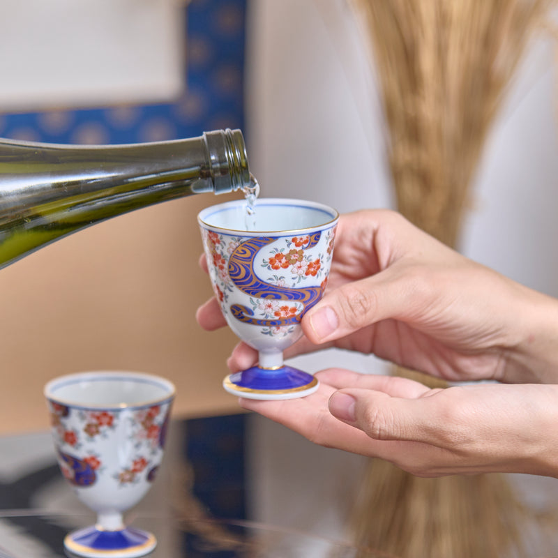 Arita Porcelain Lab Yazaemon Water Stream and Sakura Sake Goblet Cup