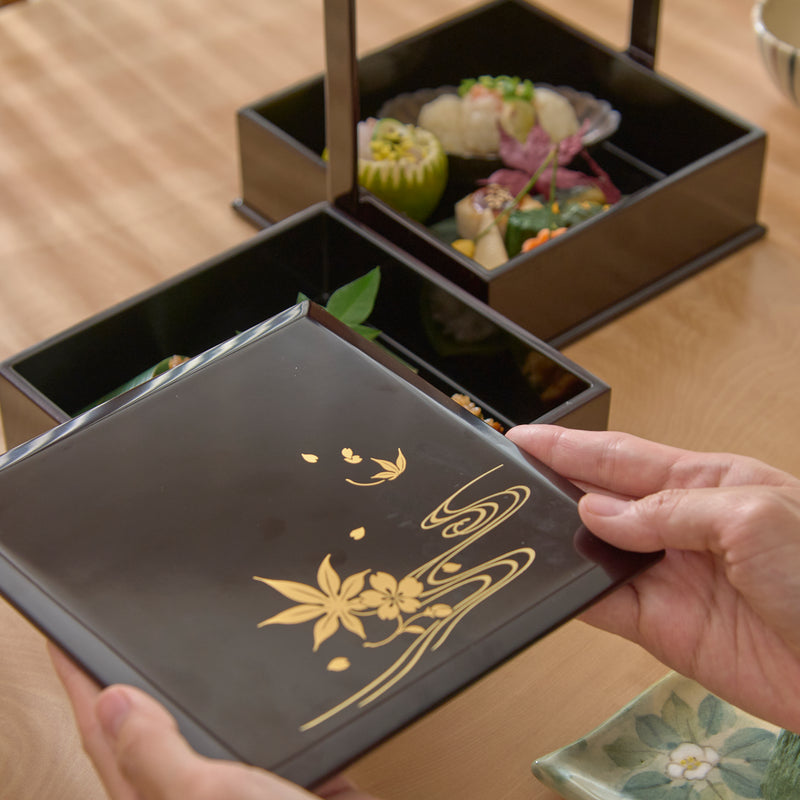 Black Running Water Echizen Lacquerware Two Tiers Jubako Bento Box with Handle
