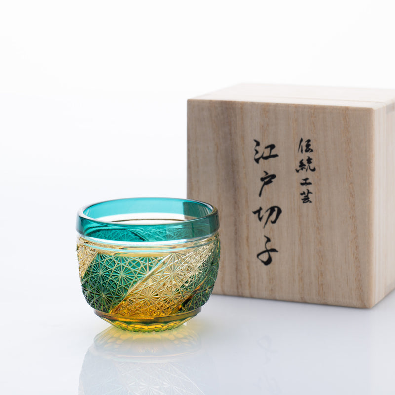 Kiyohide Glass Green Amber Whirlwind Edo Kiriko Guinomi Sake Cup