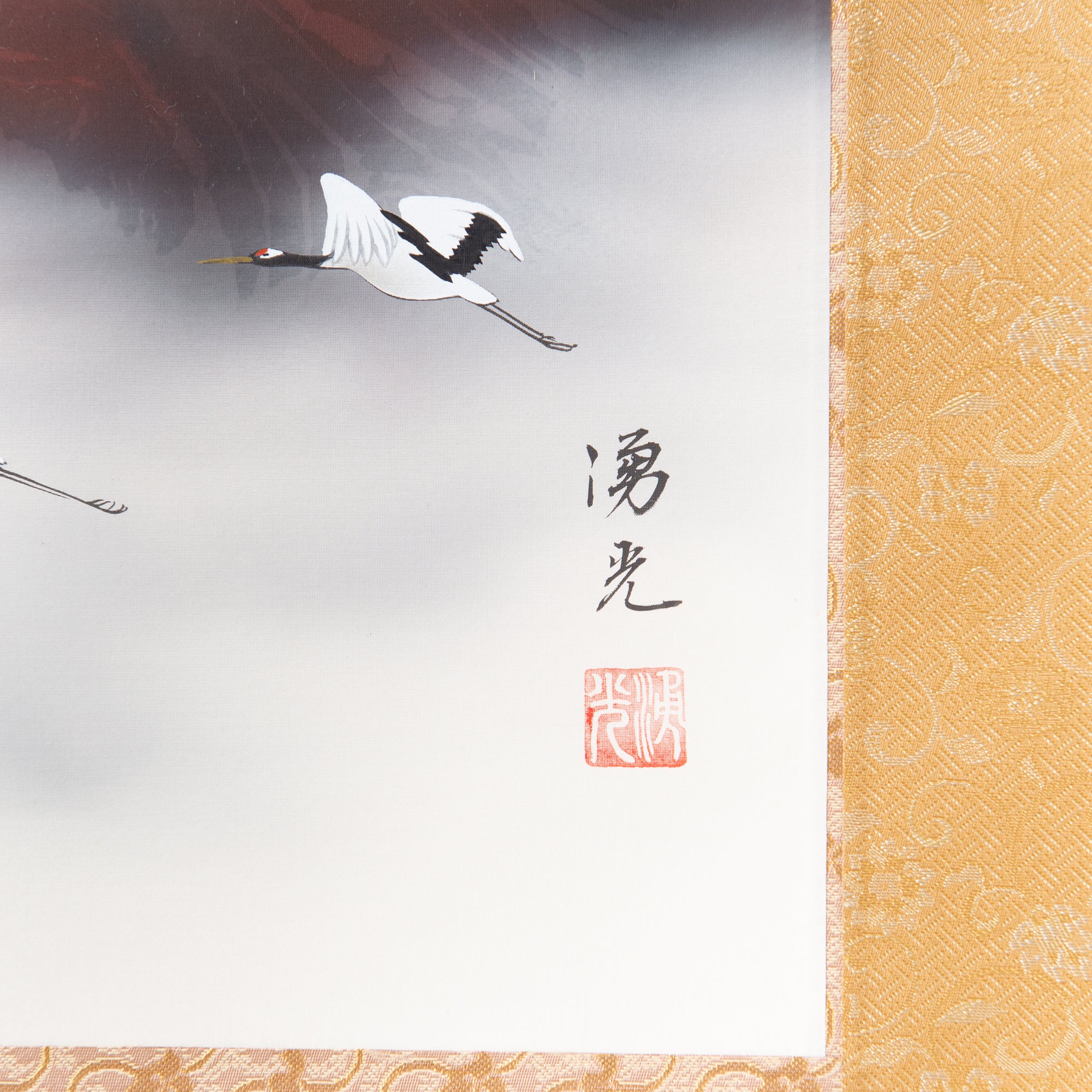 Red Mt. Fuji And Soaring Cranes Kakejiku Hanging Scroll