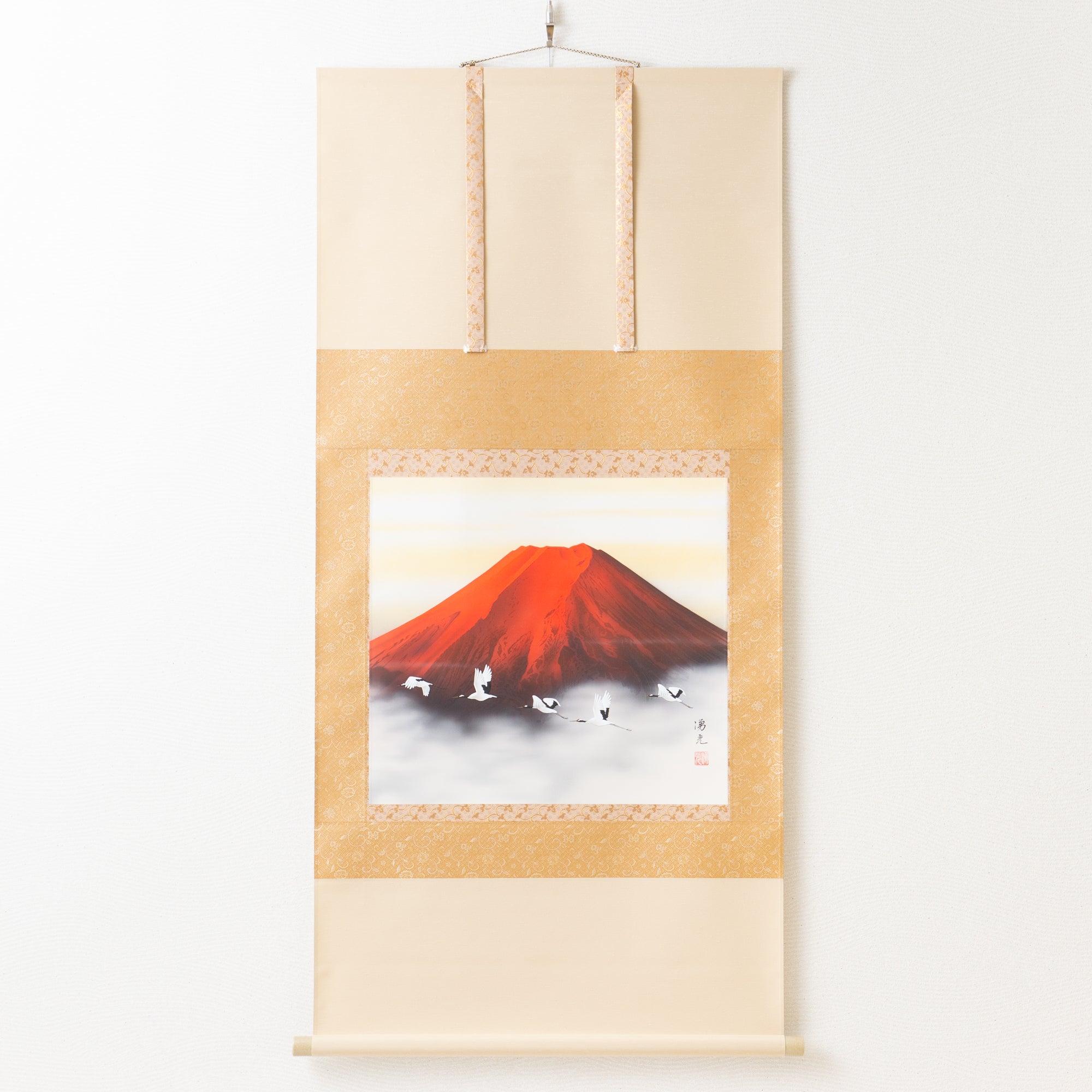 Red Mt. Fuji And Soaring Cranes Kakejiku Hanging Scroll