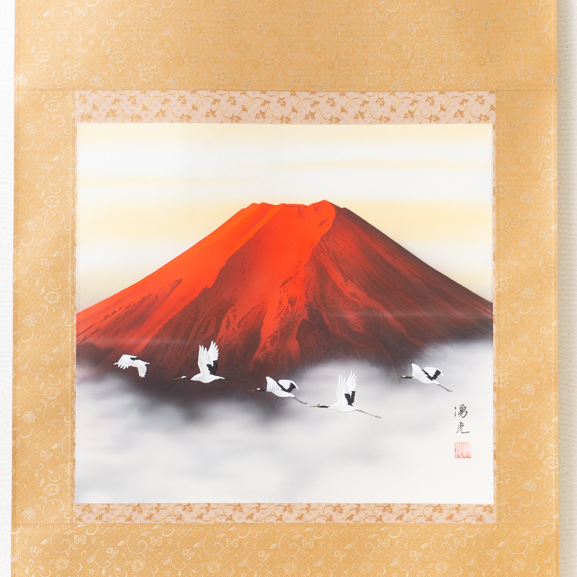 Red Mt. Fuji And Soaring Cranes Kakejiku Hanging Scroll