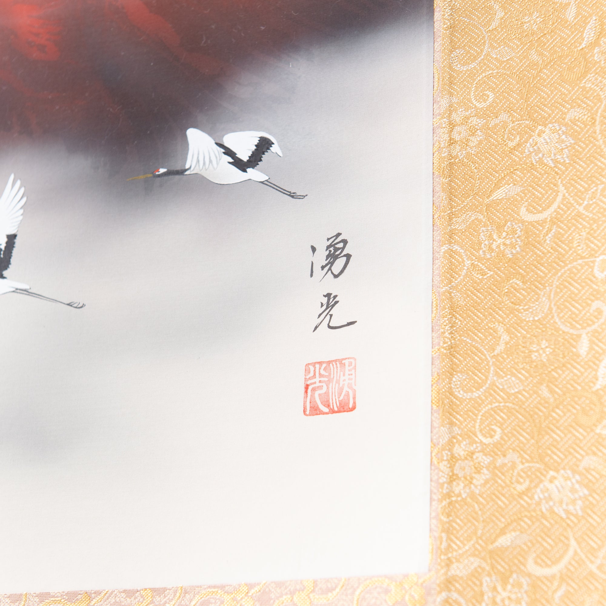 Red Mt. Fuji And Soaring Cranes Kakejiku Hanging Scroll