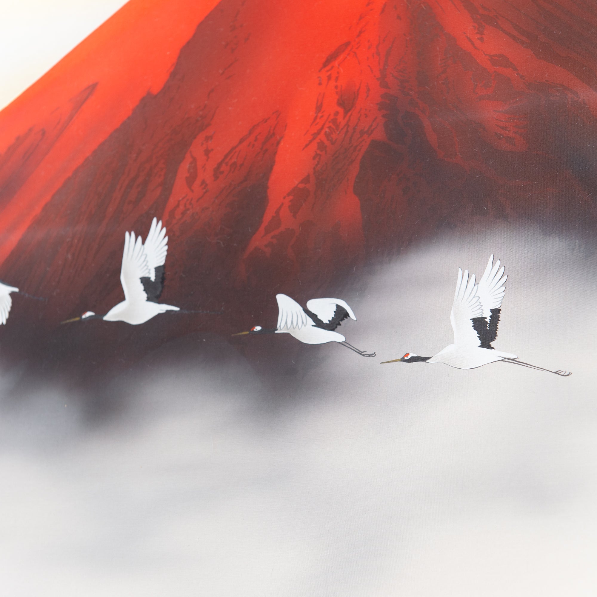 Red Mt. Fuji And Soaring Cranes Kakejiku Hanging Scroll