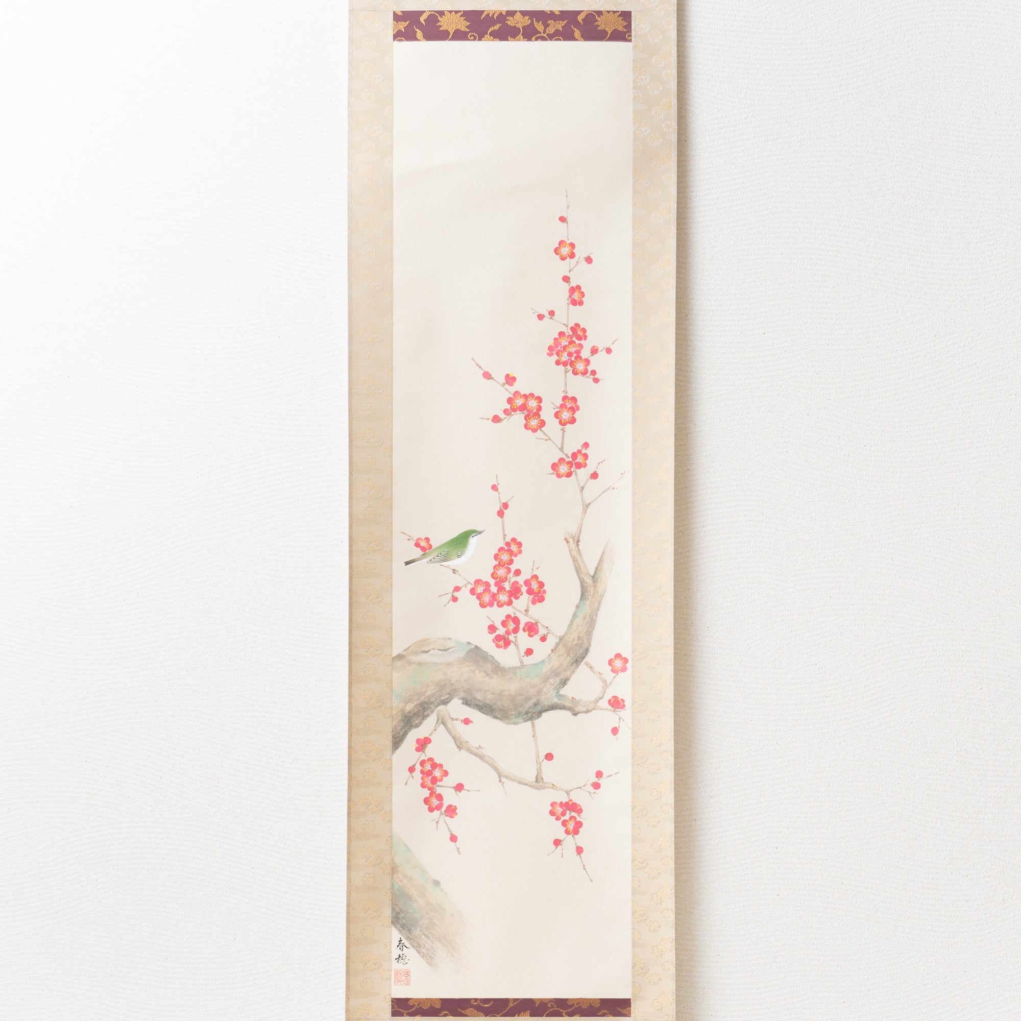 Red Plum Blossoms with Warbler Kakejiku Hanging Scroll