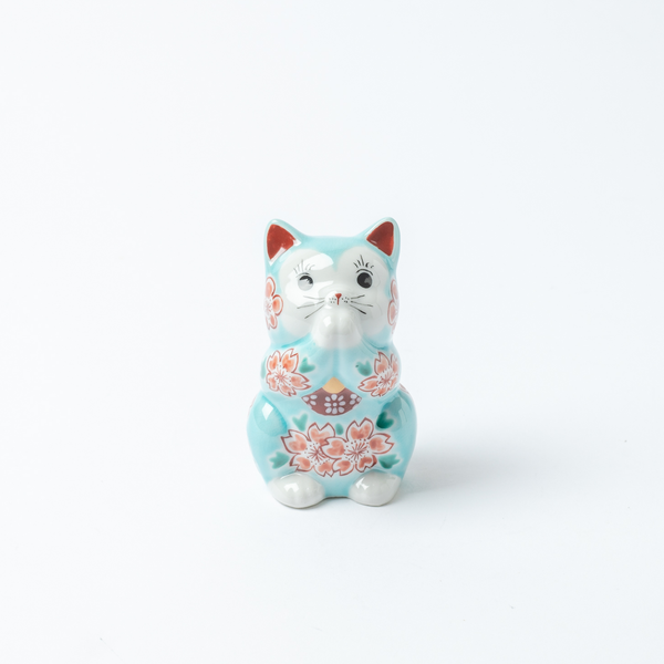 Choho Kiln Light Blue Sakura Oinori Neko Kutani Lucky Cat 3.7in