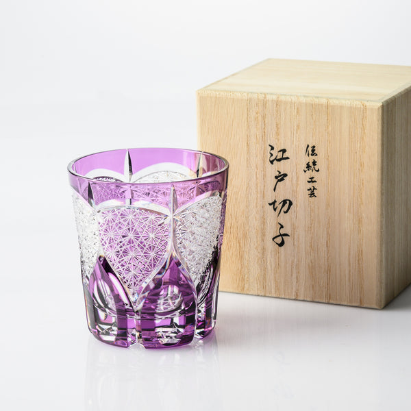 Kiyohide Glass Regal Violet Chrysanthemum Fan Edo Kiriko Rocks Glass