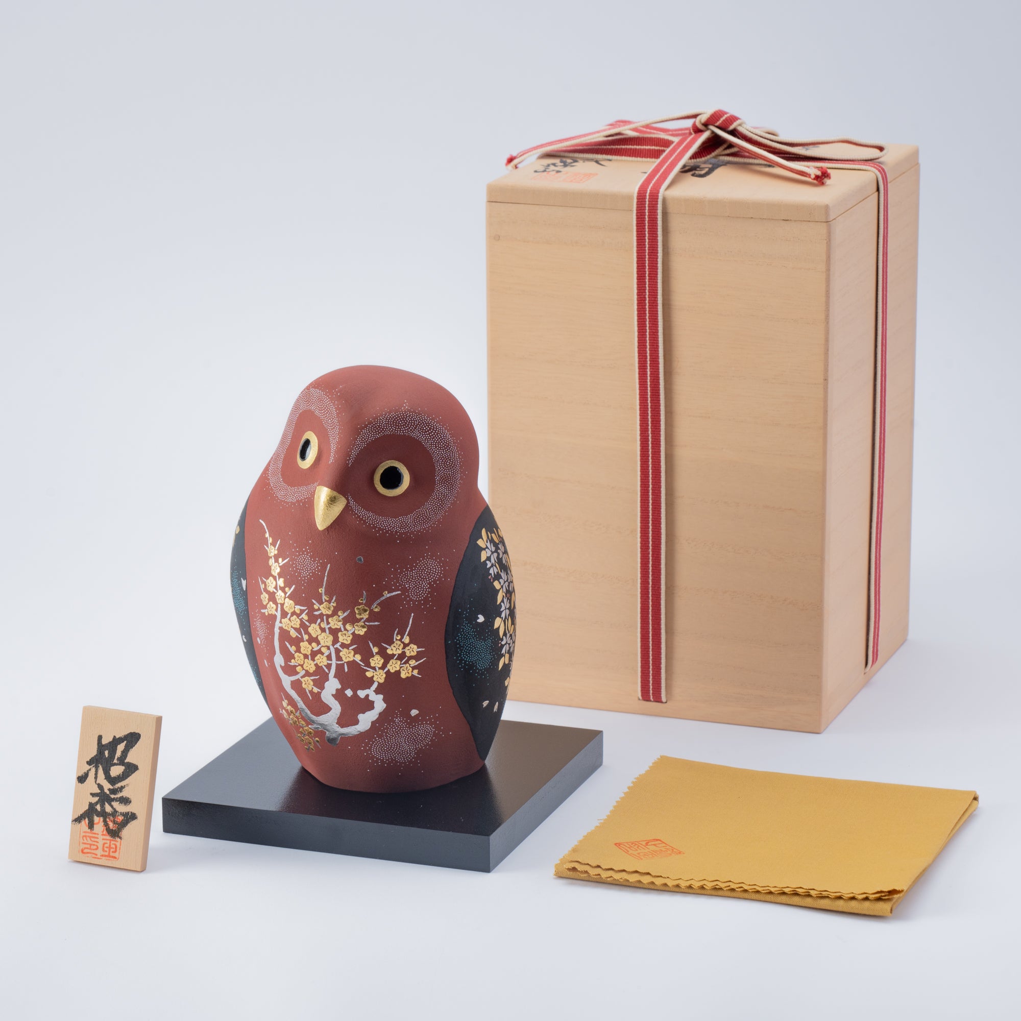 Red Morikin Sakura and Plum Blossom Shirochibu Owl Figurine