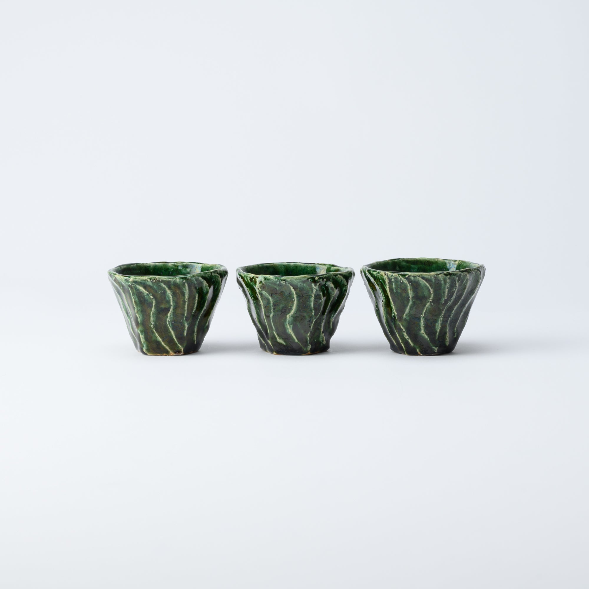 Musashi Kiln Oribe Wave Mino Ware Hexagonal Guinomi Sake Cup