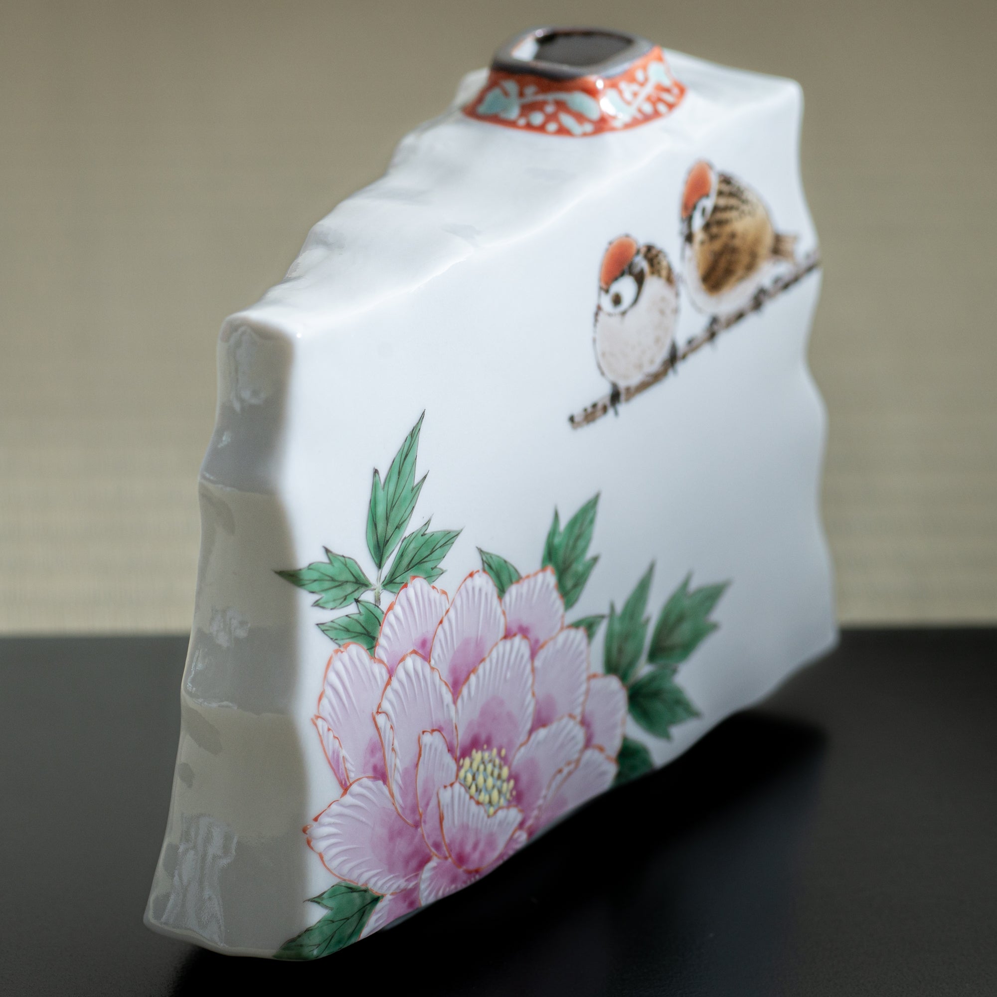 Peony and Twin Sparrows Japanese Flower Vase