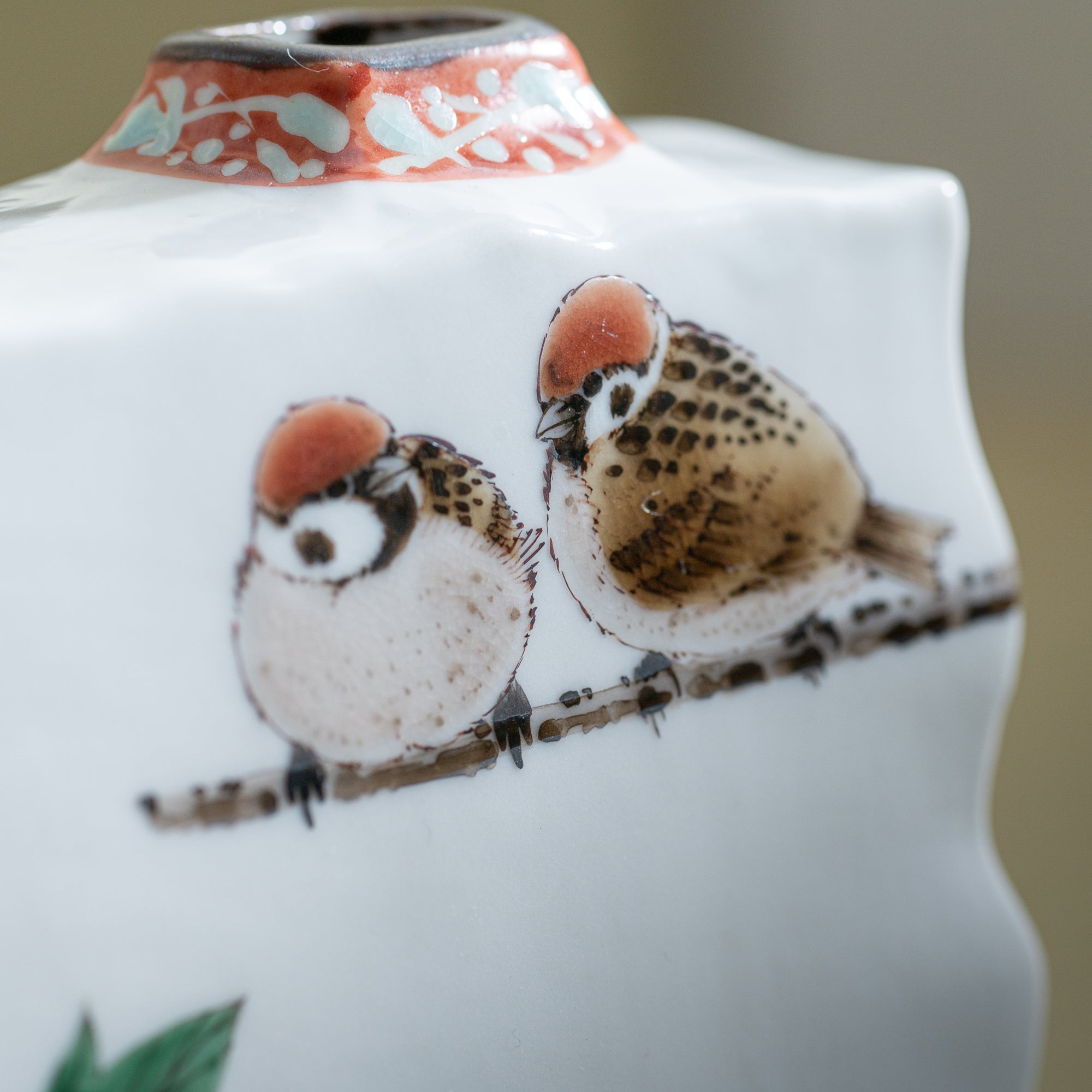 Peony and Twin Sparrows Kutani Japanese Flower Vase