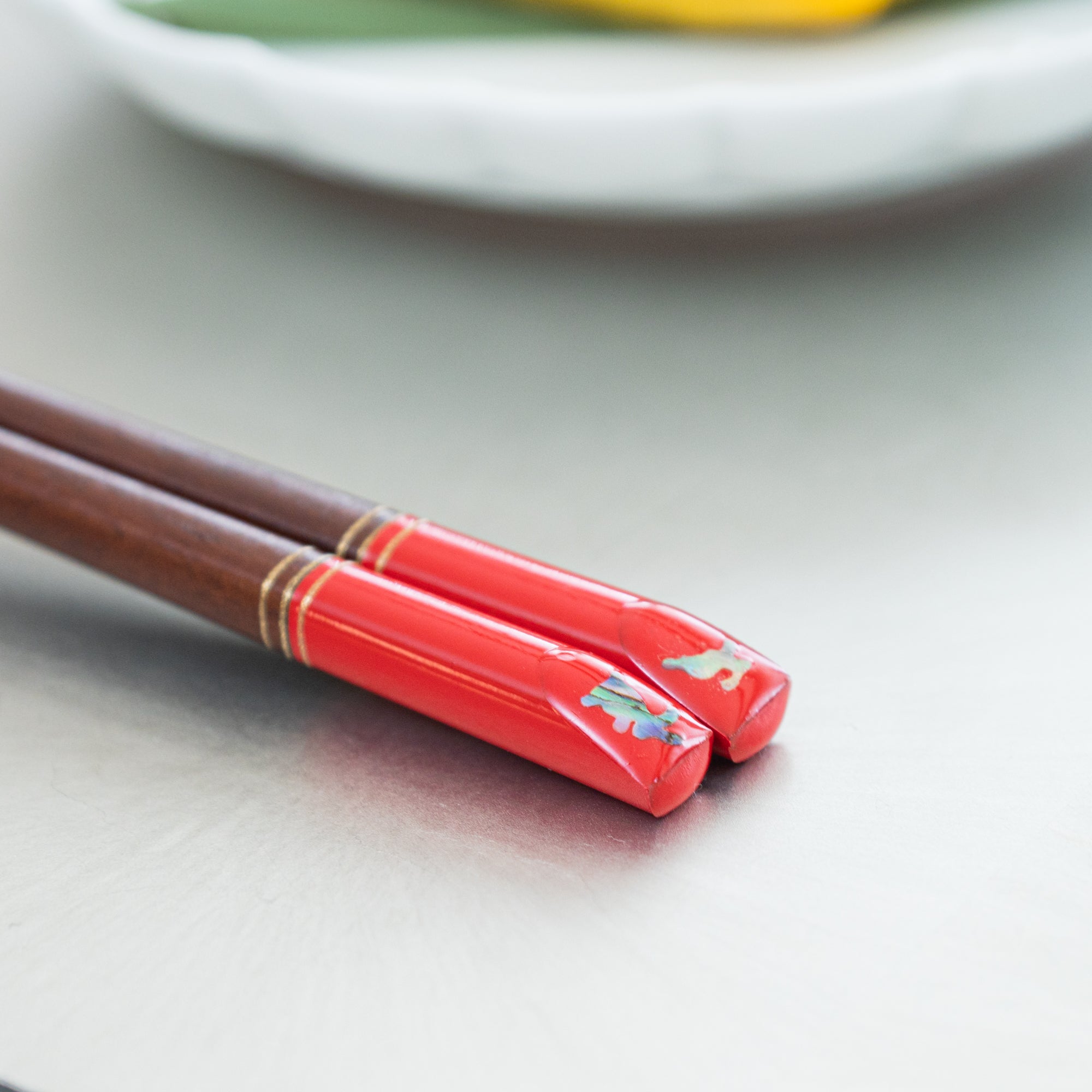 Abalone Shell - Inlayed Rabbit Red Wakasa Lacquer Chopsticks 18 cm (7.1 in) - MUSUBI KILN - Quality Japanese Tableware and Gift