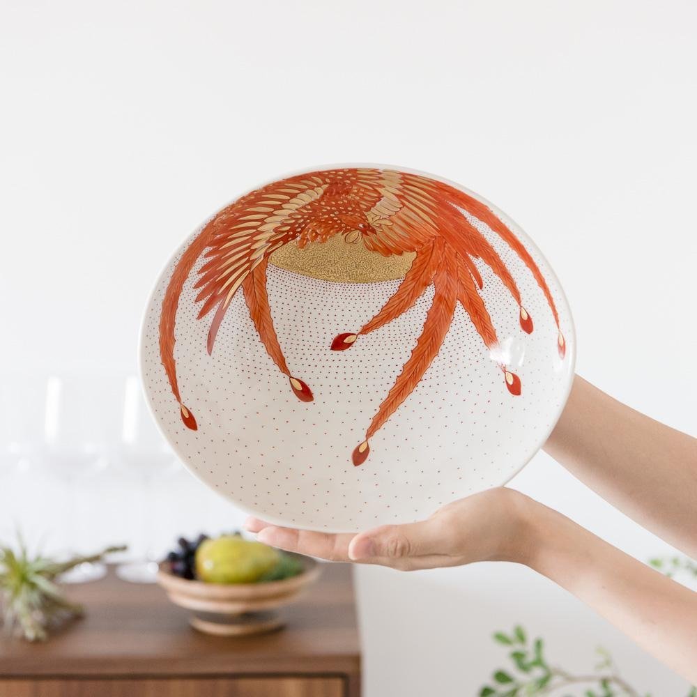 Akae Red Phoenix Kutani Oval Bowl - MUSUBI KILN - Quality Japanese Tableware and Gift