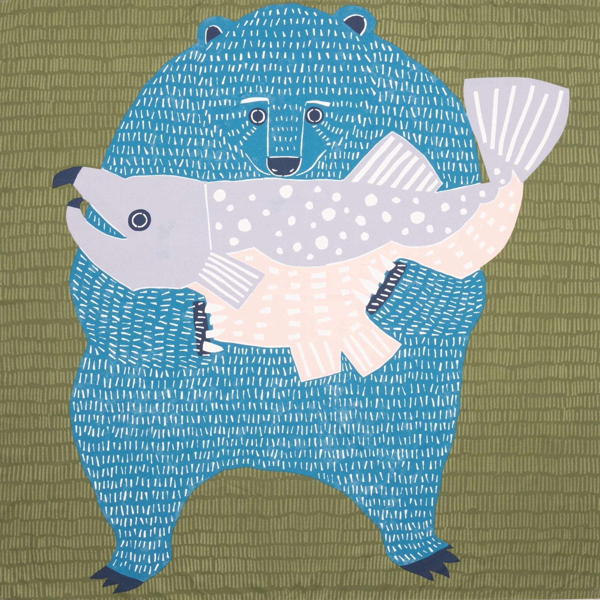 Aqua Drop Bear and Salmon Furoshiki Wrapping Cloth 39in - MUSUBI KILN - Quality Japanese Tableware and Gift