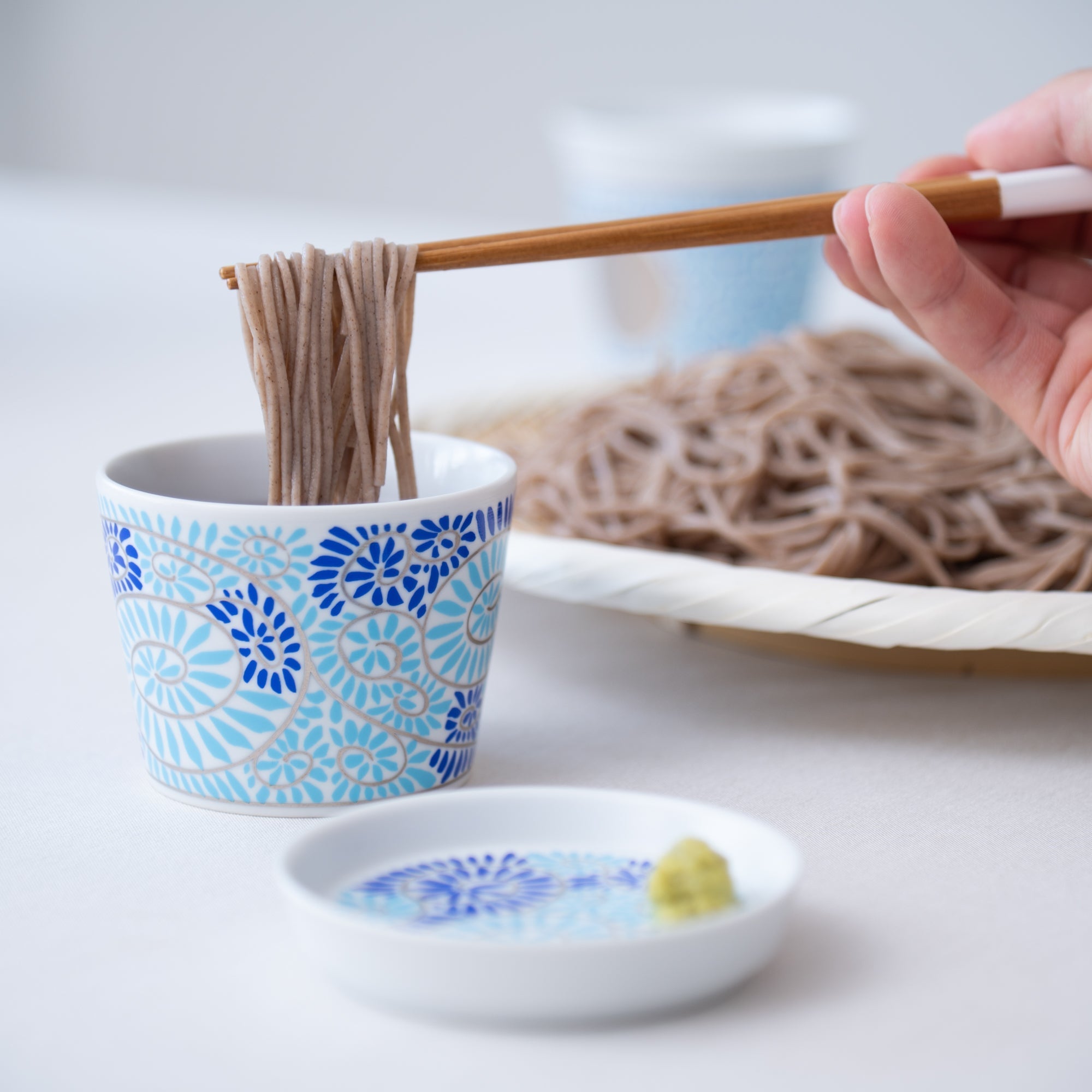 Arita Porcelain Lab Japan Blue Arabesque Soba Choko Cup and Condiment Plate Set - MUSUBI KILN - Quality Japanese Tableware and Gift