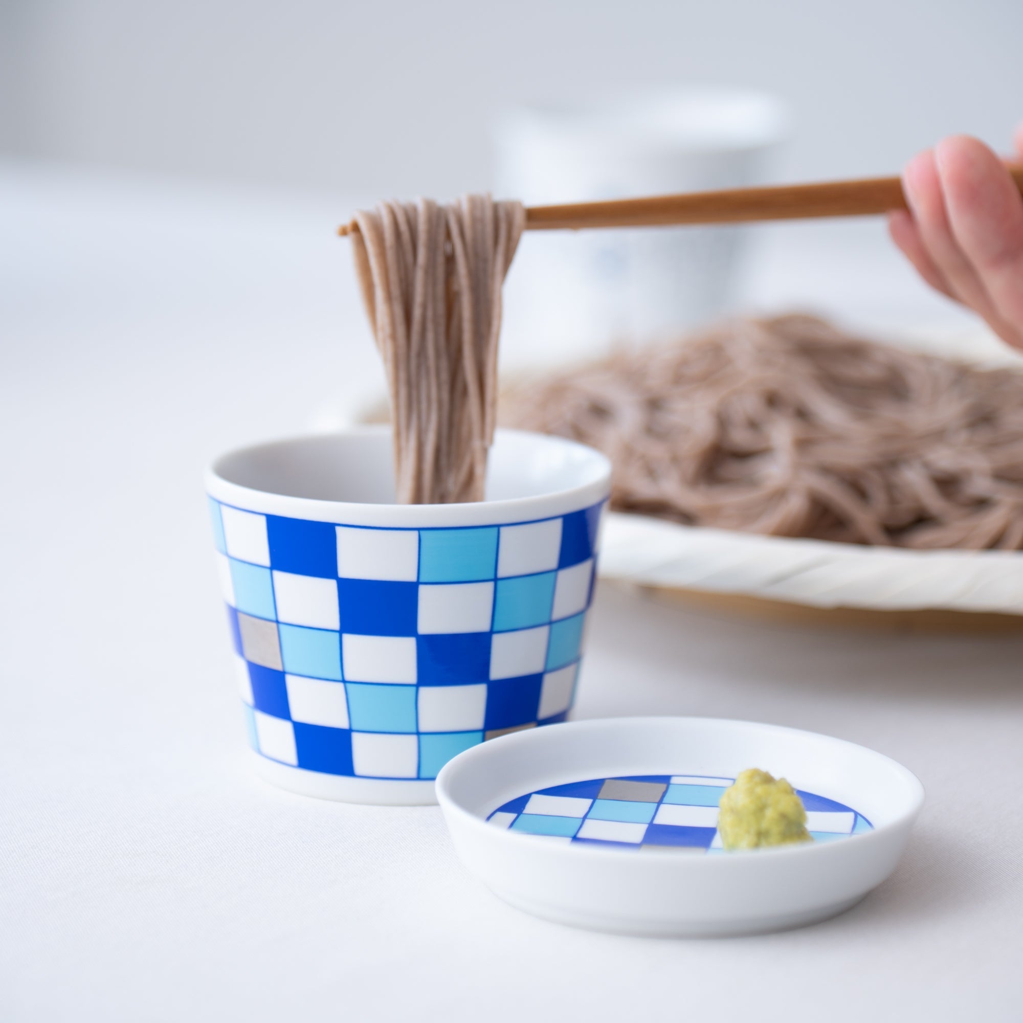 Arita Porcelain Lab Japan Blue Checkered Pattern Soba Choko Cup and Condiment Plate Set - MUSUBI KILN - Quality Japanese Tableware and Gift