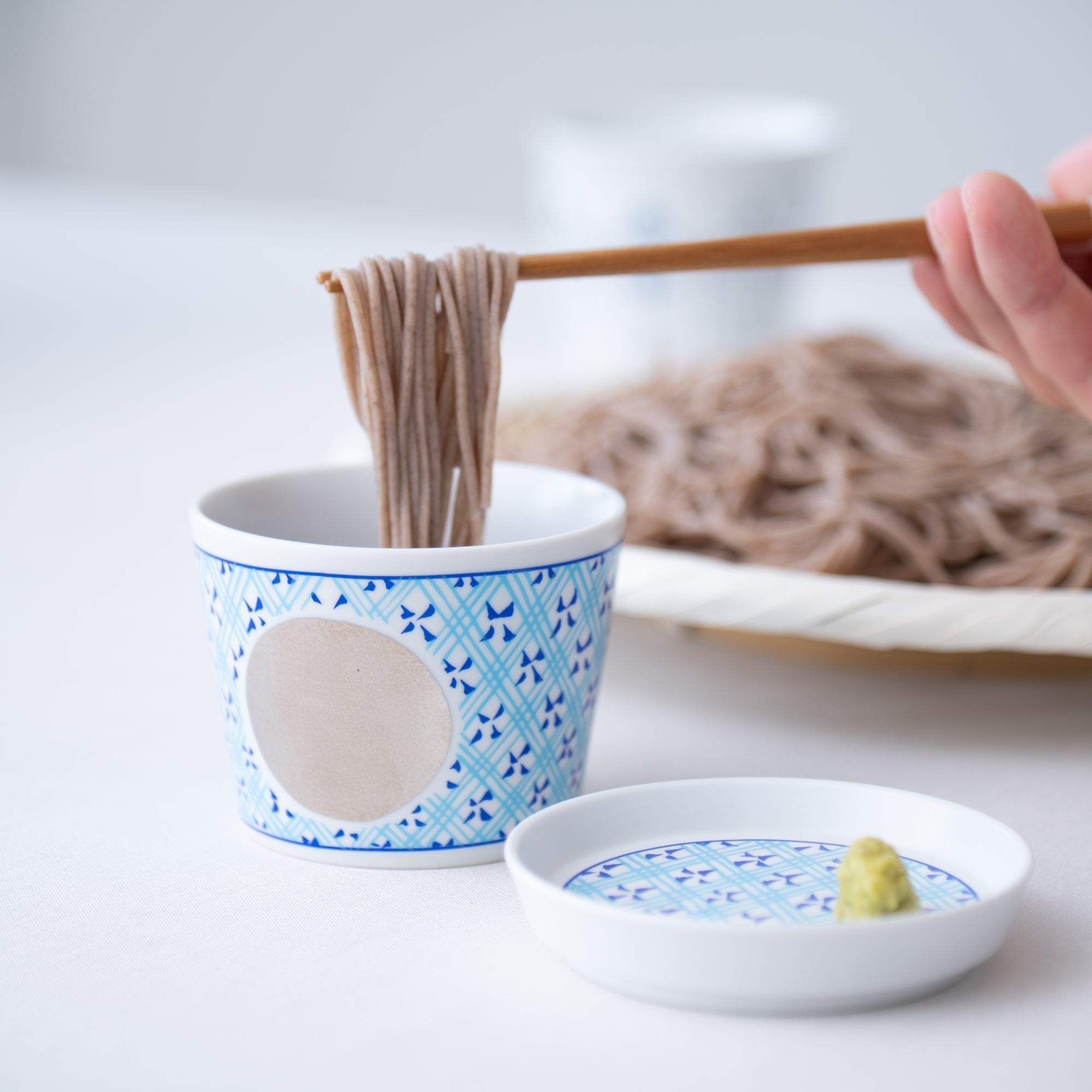 Arita Porcelain Lab Japan Blue Circle Motif Soba Choko Cup and Condiment Plate Set - MUSUBI KILN - Quality Japanese Tableware and Gift