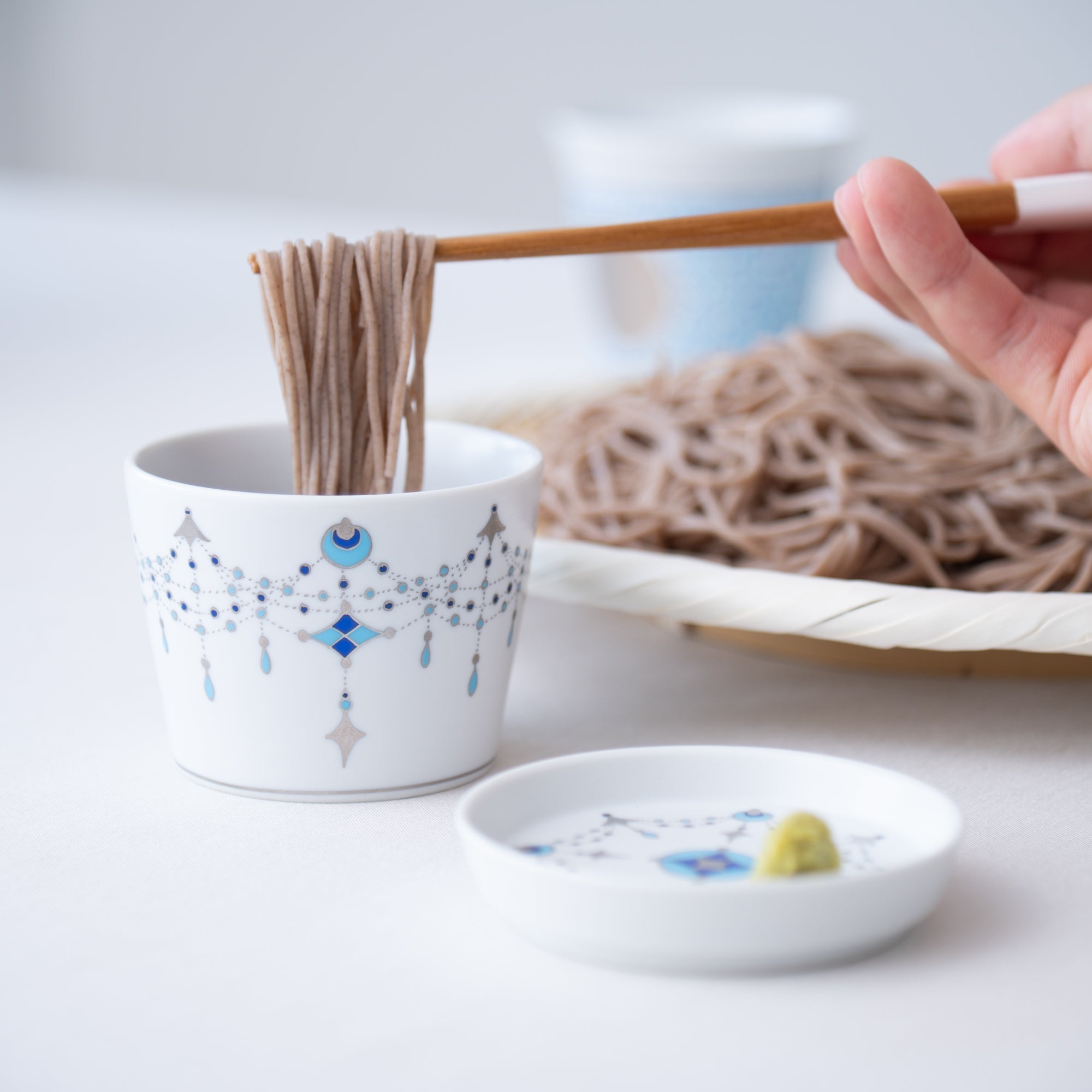 Arita Porcelain Lab Japan Blue Yoraku Pattern Soba Choko Cup and Condiment Plate Set - MUSUBI KILN - Quality Japanese Tableware and Gift