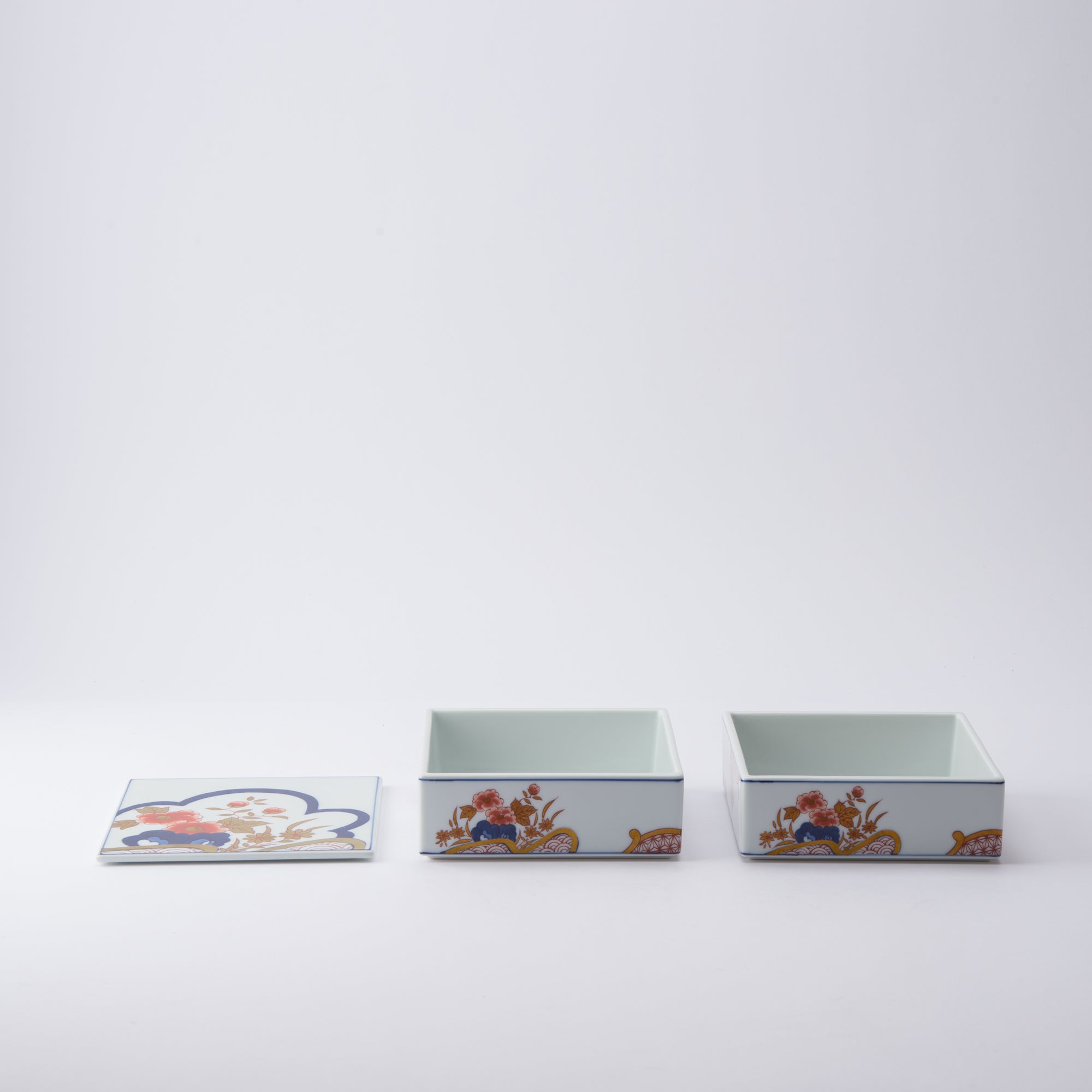 Arita Porcelain Lab Yazaemon Flowers and Waves Pattern Two Tiers Jubako Bento Box - MUSUBI KILN - Quality Japanese Tableware and Gift