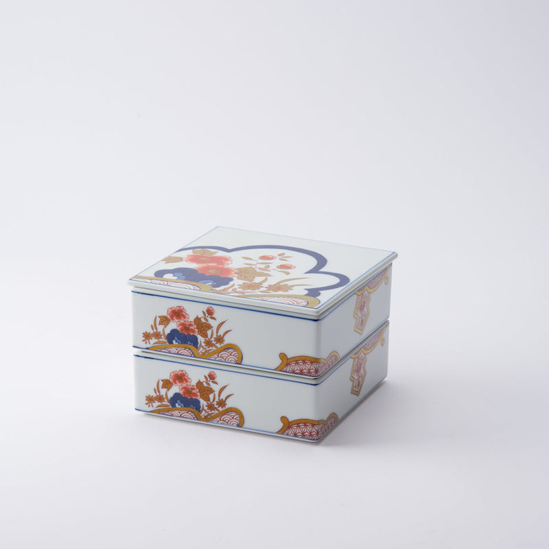 Arita Porcelain Lab Yazaemon Flowers and Waves Pattern Two Tiers Jubako Bento Box - MUSUBI KILN - Quality Japanese Tableware and Gift