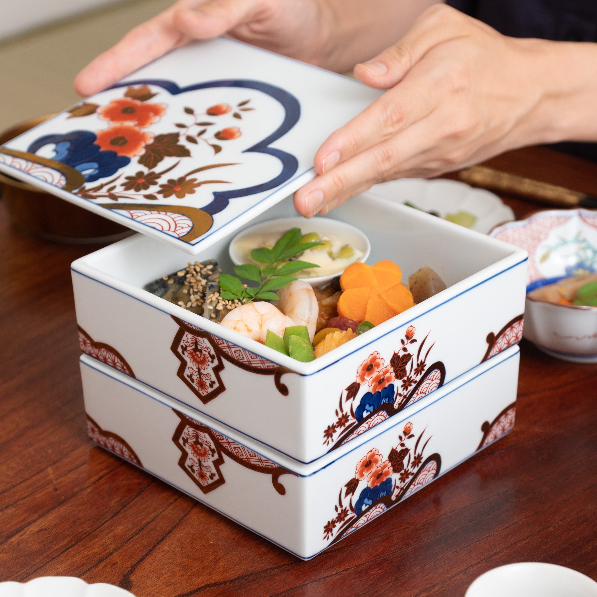 Arita Porcelain Lab Yazaemon Flowers and Waves Pattern Two Tiers Jubako Bento Box - MUSUBI KILN - Quality Japanese Tableware and Gift